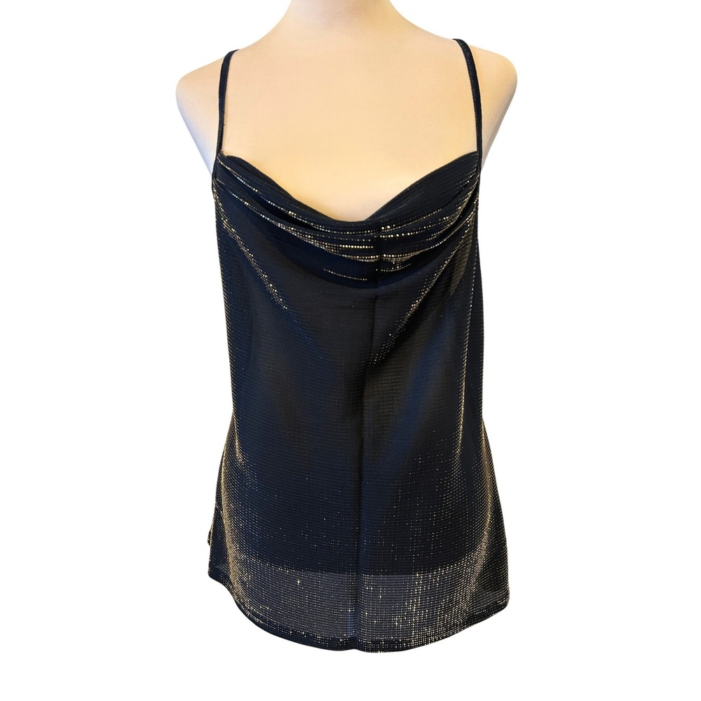 Vintage Cinema Etoile Cami Tank Sz L Black Gold Metallic Cowl Neck Mesh 90s Glam